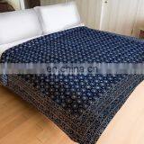 Indian Indigo Blue Abstract Design Kantha Quilt Handmade Bedspread Throw Cotton Queen Size Blanket Patchwork Print