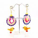 Designer Sparrow Pompom Earrings With Bells-Pom Pom Bali Style Earrings/ Fashion Pom Pom Earrings/ Handmade Wood Bead Earrings thumbnail-1