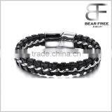 Men's Magnetic Buckle Stainless Steel Genuine Leather Rope Bracelet Braided Cuff Bangle Silver Black thumbnail-1