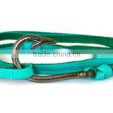 Turquoise Leather Wrapped Adjustable Knotted Gun Black Fish Hook Bracelet