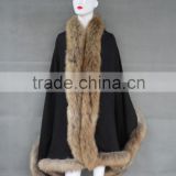 Classical women wool pashmina shawl scarf with raccoon fur trim