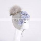 Baby Cotton Knit Hats With Fur Pompom Baby Hats With Chiffon Flowers KZ160094 thumbnail-6