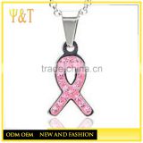 Stainless Steel Pink Crystal Woman Breast Cancer Awareness Ribbon PendantS NecklaceS with Chains(YC-006)
