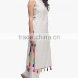Latest Elegant Off White Printed Sleeveless Pathani Kurta With Pom Pom Trim Designer Long Kurti Designs HSd5016 thumbnail-4