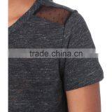 Wholesale Women Round Neck Short Sleeves Polka Dot Sheer Panel Linen T-shirt(DQE0153T) thumbnail-4