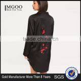 Floral Embroidered Bridal Shirt Sleepwear Black Satin Sleep Shirt Piping Button Longline Shirt Pyjamas With Curved Hem thumbnail-1