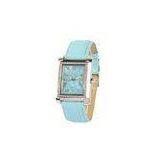 Rectangle Blue Leather Quartz Watch Stainless Steel Case MOP Dial thumbnail-1