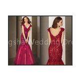 Red Tulle V Neck Celebrity Prom Dresses , Rhinestone Flower Lace Evening Dress thumbnail-1