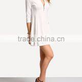 White Zipper A-Line Dress Plain Casual Polyester Fabric Spring V Neck Short Dress With 3/4 Sleeve thumbnail-5