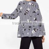 Runwaylover EY2374B Latest Designs Women Formal Blouse Blue Stripe Crane Print Animal Print Drop Shoulder 3/4 Sleeve Blouse thumbnail-2