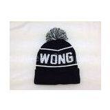 Black Cuffed Knitted Beanie Hats with Pom Pom Ball Top and Jacquard Logo