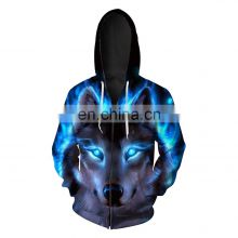 2021 Factory  Custom Polyester  Shinny Blue 3D Wolf Printing Hoodies Pullover Sweater With Zipper hoodies for men