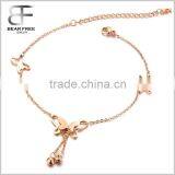 Rose Gold Plated Stainless Steel Butterfly Pendant Anklet Ankle Bracelet with Crystal Drop Tassel for Women