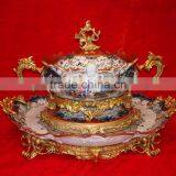 Luxury Royal Style Gilt Brass Soup Pot, Excellent Hand Painted Porcelain With Gold Plated Bronze Handle and Base Stockpot thumbnail-1