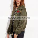 Olive Green Patch Bomber Jacket Wholesale Custom 100% Polyester Lovely Pins Ribbed Trim Satin Winter Jacket thumbnail-3
