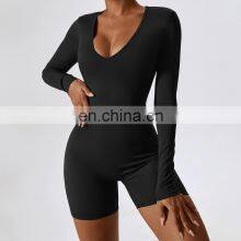 2023 Women Yoga Workout Bodysuits Gym Long Sleeve Sexy Fitness V Neck Fashion One Piece High Quality Breathable Jumpsuit thumbnail-4