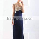 Sexy Elegant High Tall Beaded Cap Sleeve Navy Blue Long Evening Dress China thumbnail-2