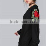 Customized Design Embroidered Roses Longline Sweatshirt Black Oversized Fleece Pullover For Women thumbnail-6