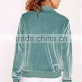 Women Velvet Bomber Jacket Green Ribbed Trim Zip Up Coat With Side Pockets With Custom Tag And Label thumbnail-3