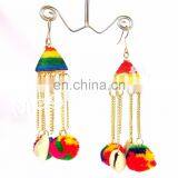 Pom Pom Jhumka Earrings-Pom Pom Drop Earrings-Multicolor Chain Pom Pom Earrings-BOHO Tribal Pom Pom Bell Earrings thumbnail-3