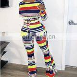 Casual Plus Size Women Outfits Lounge Wear Crop Top Striped Pants Two Piece Set thumbnail-3