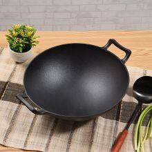 Chinese Traditional Black Round Pre-flavored Non Stick Pan 32/36cm Thickened Flat Cast Iron Wok With Double Handle thumbnail-3