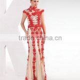 Elegant Embroidery High Neck Cap Sleeve Tulle Long Red Evening Dress thumbnail-3