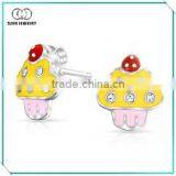 High Quality Sterling Silver Stud Earring for Girls Pink Yellow Enamel Cupcake thumbnail-1