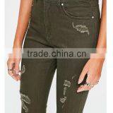 Custom Women High Waist Skinny Pants Khaki Damaged Denim Jeans Wholesale Direct Factory thumbnail-5