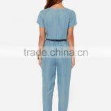 Women Sky Blue Belted Short Sleeve Slim Fit Jumpsuit Romper thumbnail-3