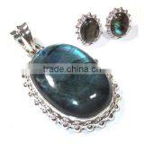 Gemstone Antique Sterling Silver 925 Jewelry Blue Fire Labradorite Jewelry Pendant Earstuds Set thumbnail-1