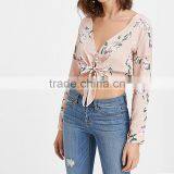 Maxnegio Flower Print V Neck Woman Blouse Ladies Crop Top thumbnail-5