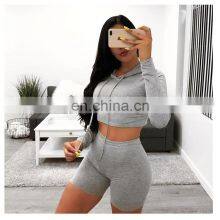 Manufacturer Wholesale Women's Casual Sexy Hooded Shorts Sports Fitness 2-piece Suit Custom Hoodie Crop Top thumbnail-3