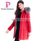 Used Long Winter Women Medium Length Leather Jacket With Brown Fox Hat Overcoat