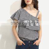 Blouses Latest Fashion Design Women Clothing Black and White Gingham Ruffle One Sleeve Blouse thumbnail-4