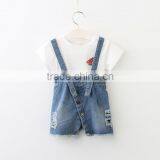 2017 Summer Girls Boutique Clothing Set White Applique t Shirt +suspender Denim Skirt 2pcs Suit thumbnail-1