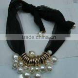 Peal With Ribbon Necklace,Fashion Colored Necklace,Fashion Pearl With Gold Ring Necklace thumbnail-1