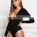 MGOO Foshan Manufacturer Custom Plunge Ribbed Bodysuits Black Cotton Spandex Blouse High Cut Buttons Up Tops thumbnail-5