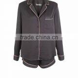 Dark Grey Contrast Trim Blank Pyjamas Shirt and Shorts Soft Silk Satin Sleepwear Long Sleeves Customzied thumbnail-4