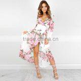 Blouson Long Sleeve Pink White Floral Printed Plus Size Wrap Maxi Long Dress thumbnail-2