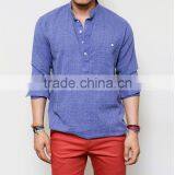 Men's Long Sleeve Blue Laid-back Holiday Linen Pull Over Henley Mandarine Shirt thumbnail-4