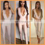 Amigo 2017 Fashion Beige Sleeveless Deep V Neck Low-cut Backless Bandage Evening Jumpsuits for Women thumbnail-1