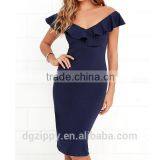 2016 Latest Ruffle Navy Blue Bodycon Midi Dress Designs Quality Choice thumbnail-2