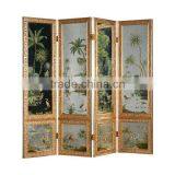 Elegant Gold Painted Wooden Floor Screen, Flower & Bird Design Decorative Curio Four Panel Folding Screen thumbnail-3