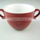 Stock Cheap Red Color Ceramic Soup Cup With Two Handles thumbnail-2