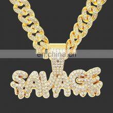 Hiphop Jewelry 2021 Micro Pave CZ Zircon Stone Pendent Iced Out Diamond Rap Charm Braided Steel Chain SAVAGE Letter Necklace thumbnail-5
