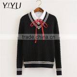 OEM Service Women White Stripes V-neck School Uniform Cable Knit Sweater thumbnail-2