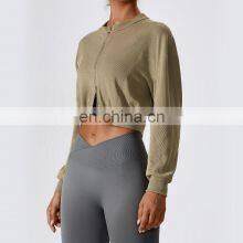 Women Warm Crop Tops Hoodies Custom Logo Double Sliders Zip Up Sleeve Sports Jackets 95polyester 5spandex thumbnail-4