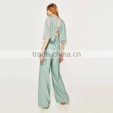 HAODUOYI Light Green Patchwork Women Jumpsuit V-neck Half Sleeve Sashes Elegant Culottes Perspective Lady Jumpsuit for Wholesale thumbnail-2