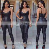 Amigo 2017 New Design Sexy Women Party Wear Black Strape Backless Long Bodycon Leather Evening Jumpsuit for Girls thumbnail-1